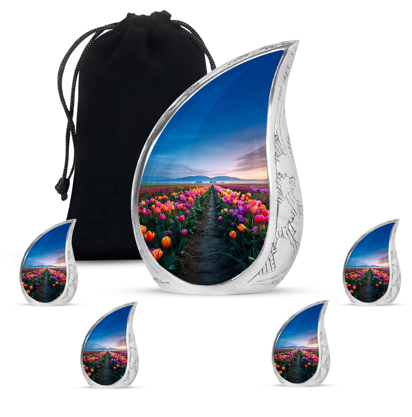 Navy Blue Garden Tulip Cremation Urn side profile showing urn shape - flowing teardrop garden tulip silhouette on curved aluminum - memorial set with one large and four small urns