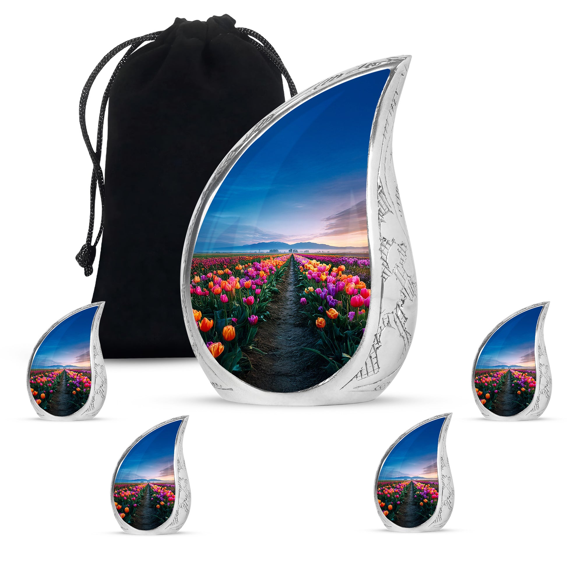 Navy Blue Garden Tulip Cremation Urn side profile showing urn shape - flowing teardrop garden tulip silhouette on curved aluminum - memorial set with one large and four small urns