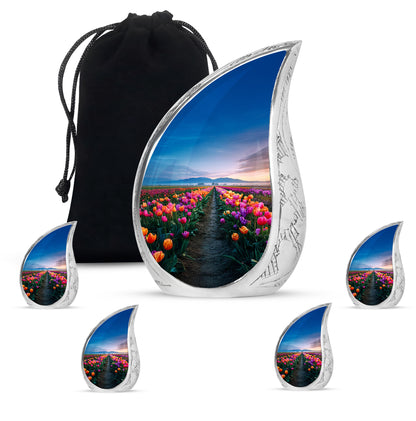 Navy Blue Garden Tulip Cremation Urn side profile showing urn shape - flowing teardrop garden tulip silhouette on curved aluminum - memorial set with one large and four small urns