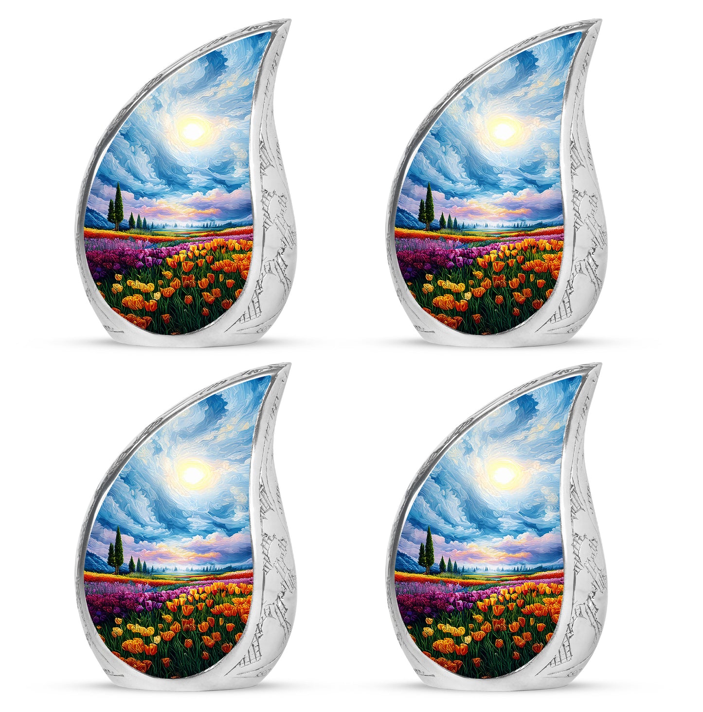 Dusty Blue Garden Tulip Cremation Urn close-up of engraving and surface detail - flowing teardrop garden tulip silhouette on curved aluminum - 10 inch aluminum urn for cremated remains