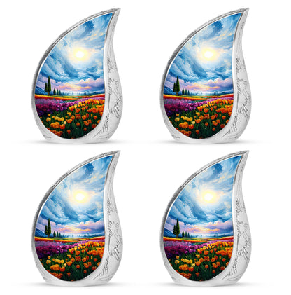 Dusty Blue Garden Tulip Cremation Urn close-up of engraving and surface detail - flowing teardrop garden tulip silhouette on curved aluminum - 10 inch aluminum urn for cremated remains