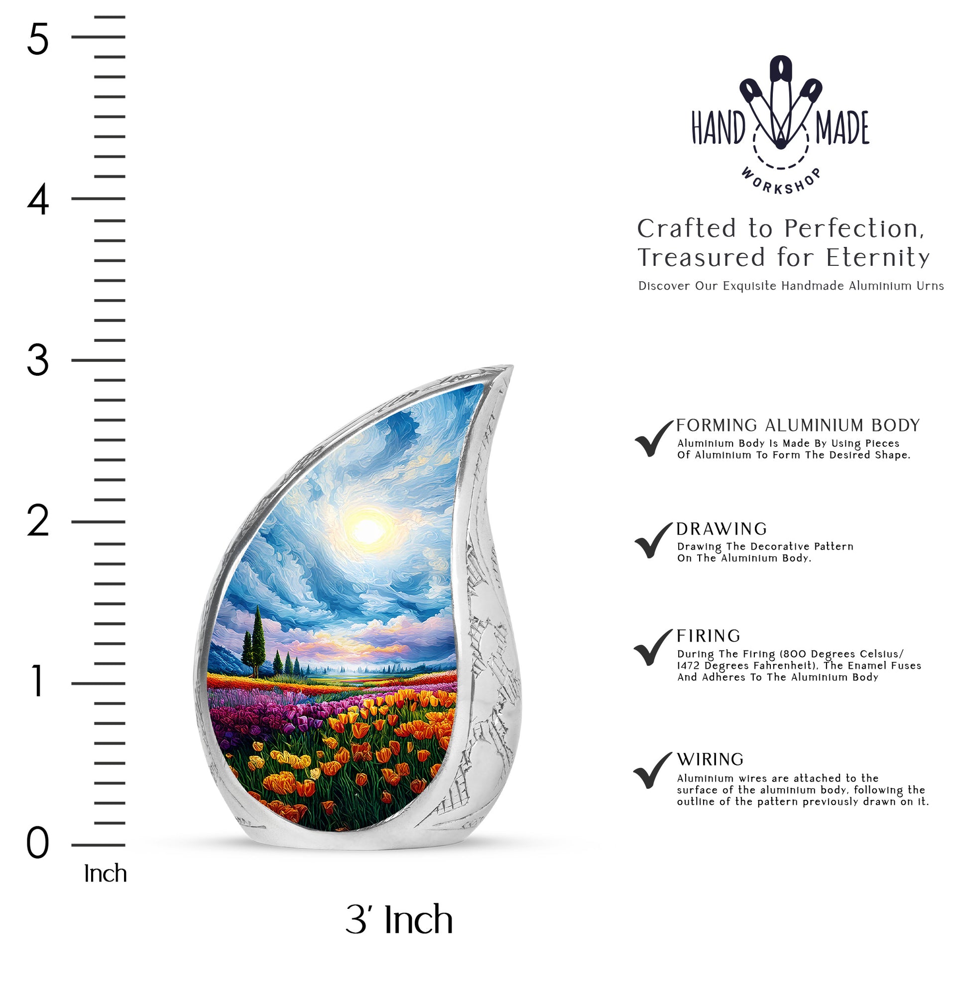 Serene Blue Garden Tulip Cremation Urn angled view of lid and engraved motif - graceful tear-shaped urn with garden tulip motif - mini keepsake memorial for portion of cremation ashes