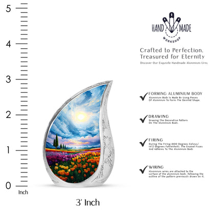 Serene Blue Garden Tulip Cremation Urn angled view of lid and engraved motif - graceful tear-shaped urn with garden tulip motif - mini keepsake memorial for portion of cremation ashes