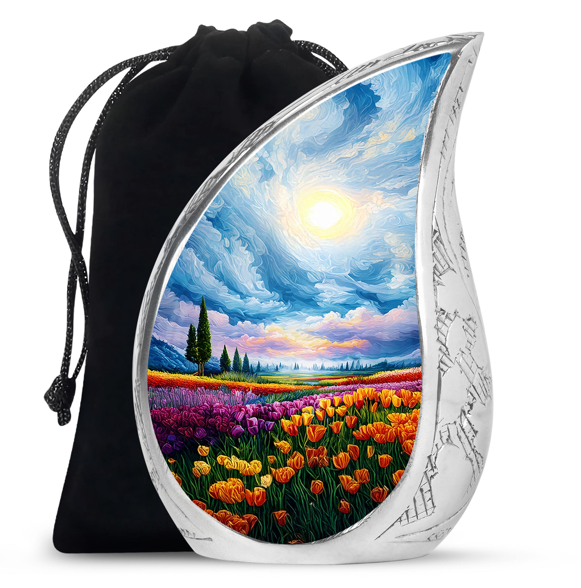 Royal Blue Garden Tulip Cremation Urn front view showing detailed design - smooth teardrop contour featuring garden tulip art - full-size 10 inch 200 cubic inch adult cremation urn
