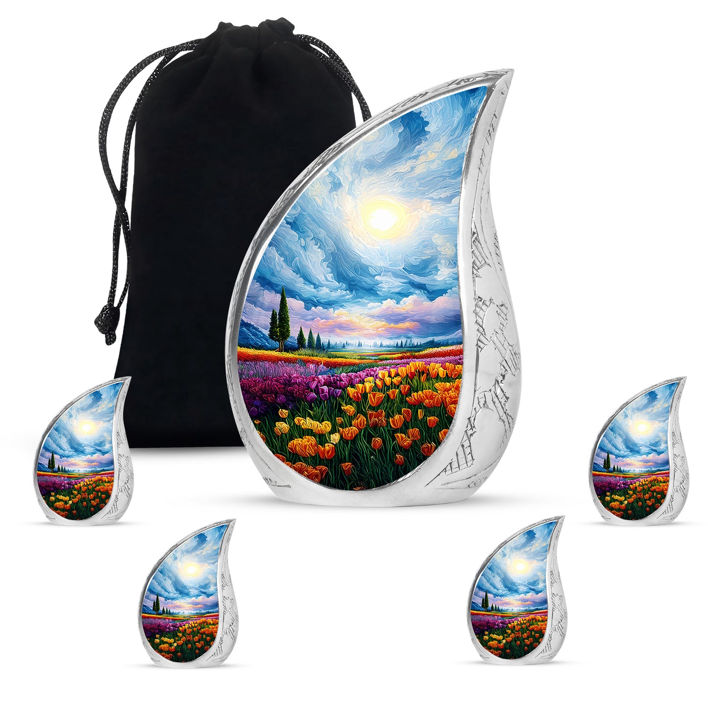 Royal Blue Garden Tulip Cremation Urn side profile showing urn shape - smooth teardrop contour featuring garden tulip art - memorial set with one large and four small urns