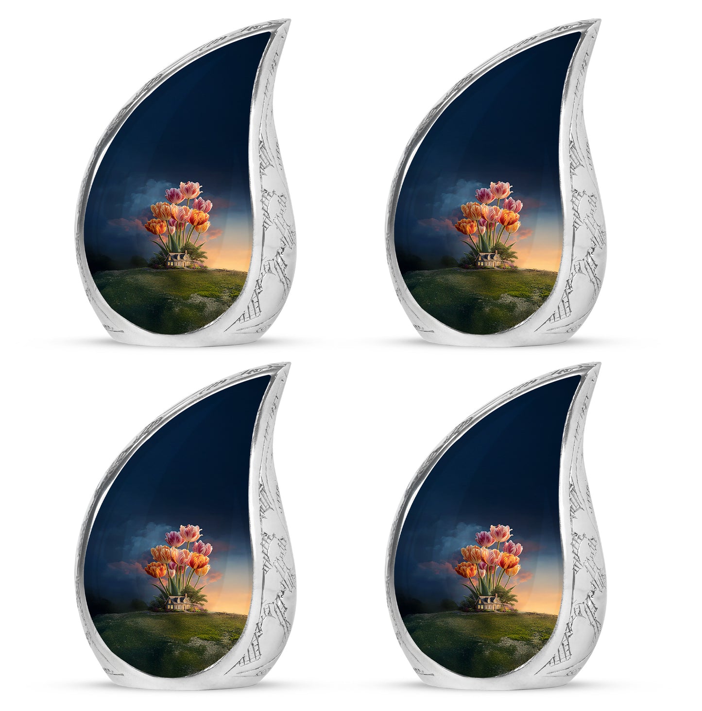 Navy Blue Garden Tulip Cremation Urn close-up of engraving and surface detail - flowing teardrop garden tulip silhouette on curved aluminum - 10 inch aluminum urn for cremated remains