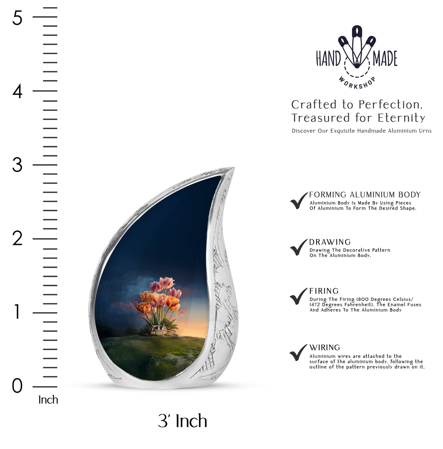 Navy Blue Garden Tulip Cremation Urn angled view of lid and engraved motif - rounded teardrop garden tulip design with delicate detail - mini keepsake memorial for portion of cremation ashes