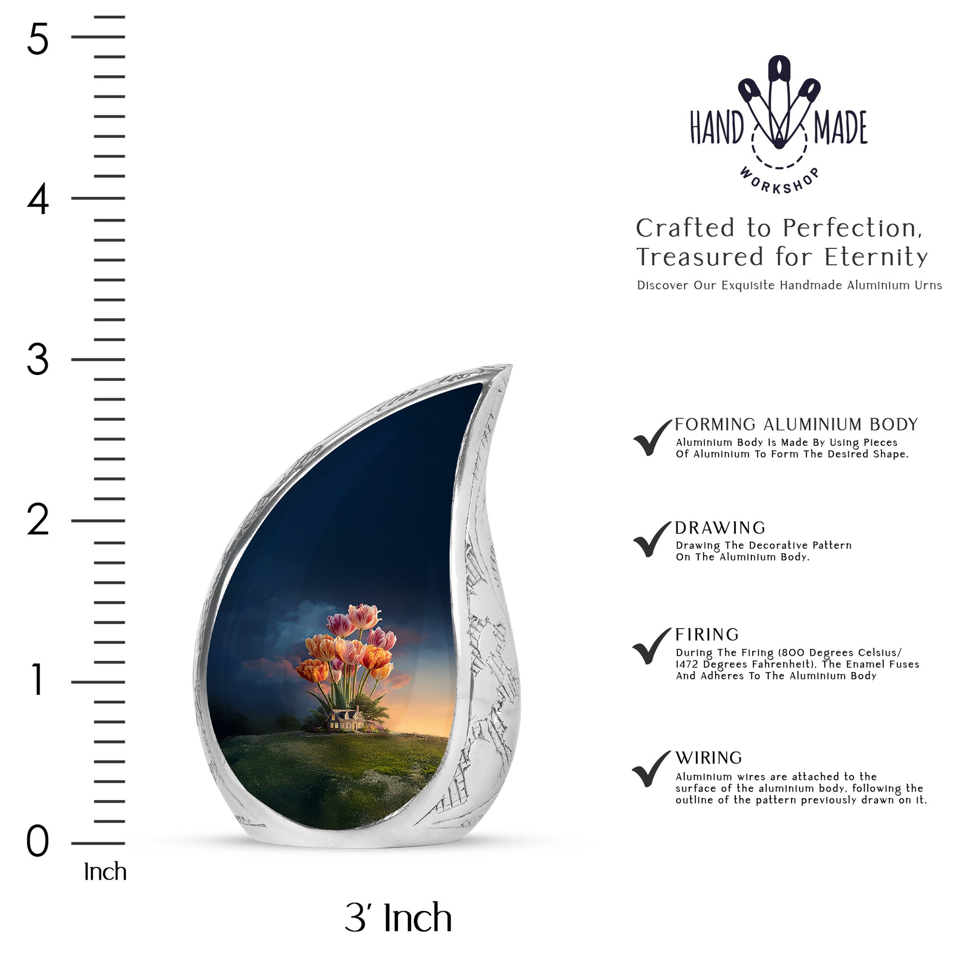 Navy Blue Garden Tulip Cremation Urn angled view of lid and engraved motif - rounded teardrop garden tulip design with delicate detail - mini keepsake memorial for portion of cremation ashes