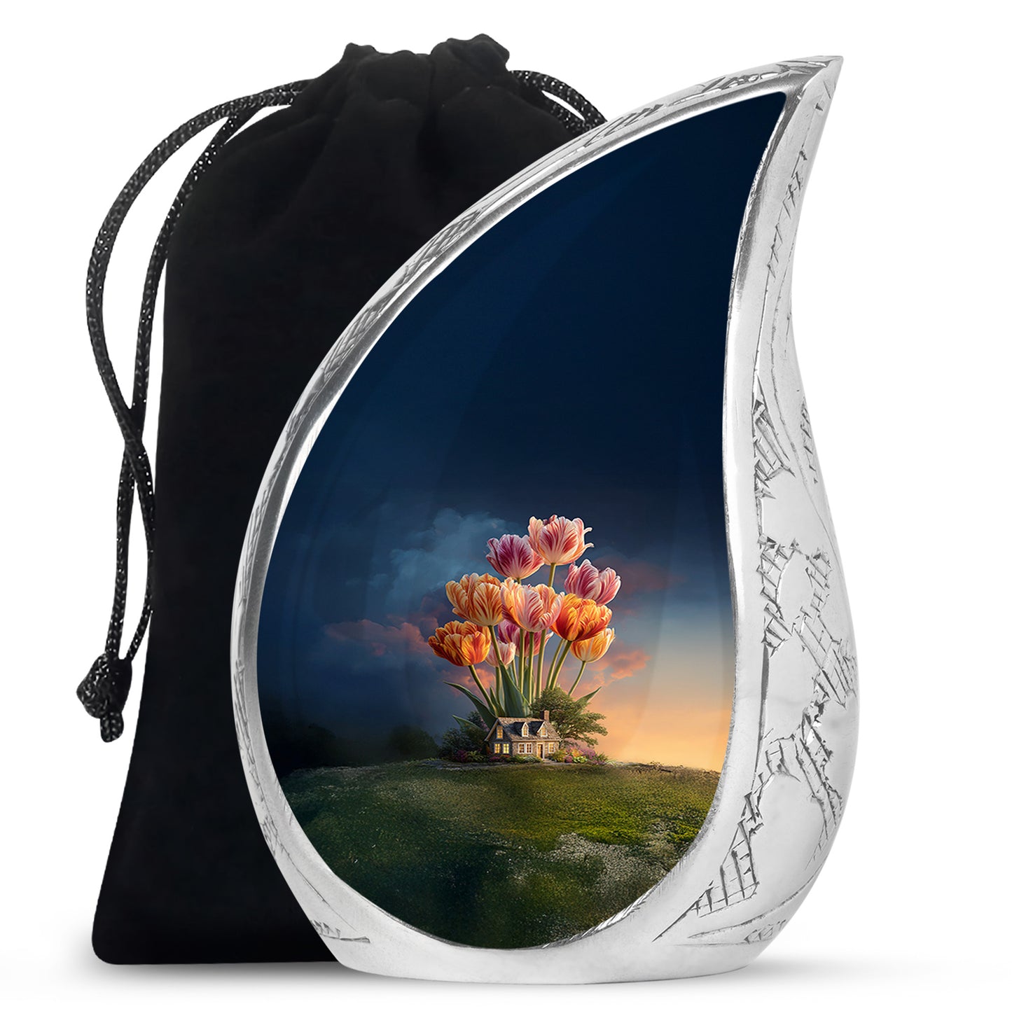 Cornflower Blue Garden Tulip Cremation Urn front view showing detailed design - graceful tear-shaped urn with garden tulip motif - full-size 10 inch 200 cubic inch adult cremation urn