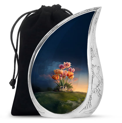 Cornflower Blue Garden Tulip Cremation Urn front view showing detailed design - graceful tear-shaped urn with garden tulip motif - full-size 10 inch 200 cubic inch adult cremation urn