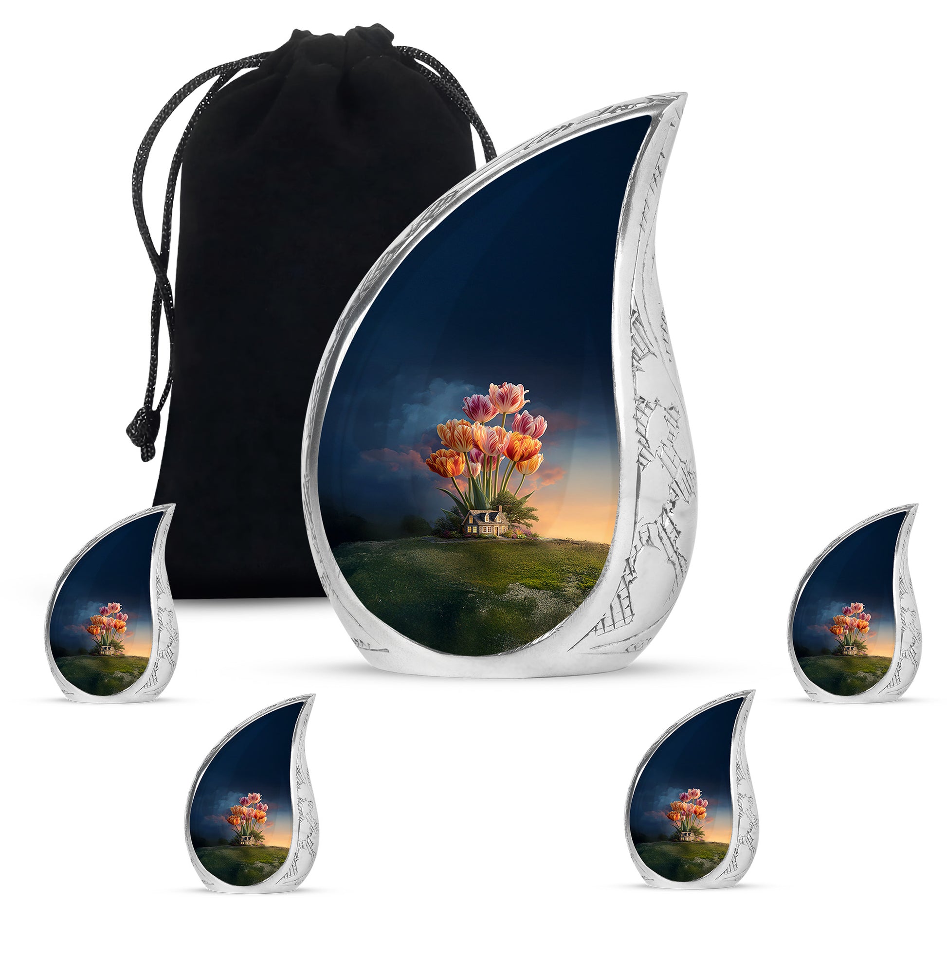 Celestial Blue Garden Tulip Cremation Urn side profile showing urn shape - flowing teardrop garden tulip silhouette on curved aluminum - memorial set with one large and four small urns