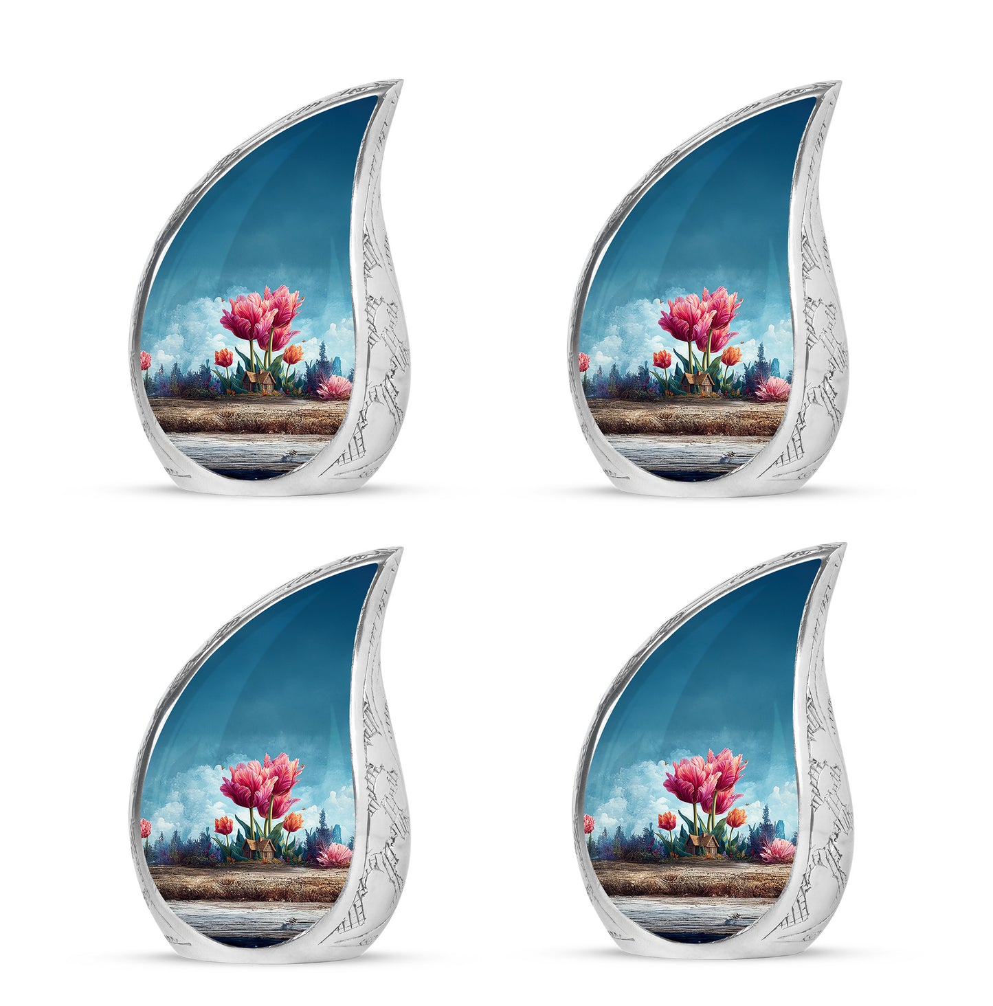 Serene Blue Garden Tulip Cremation Urn close-up of engraving and surface detail - smooth teardrop contour featuring garden tulip art - 10 inch aluminum urn for cremated remains