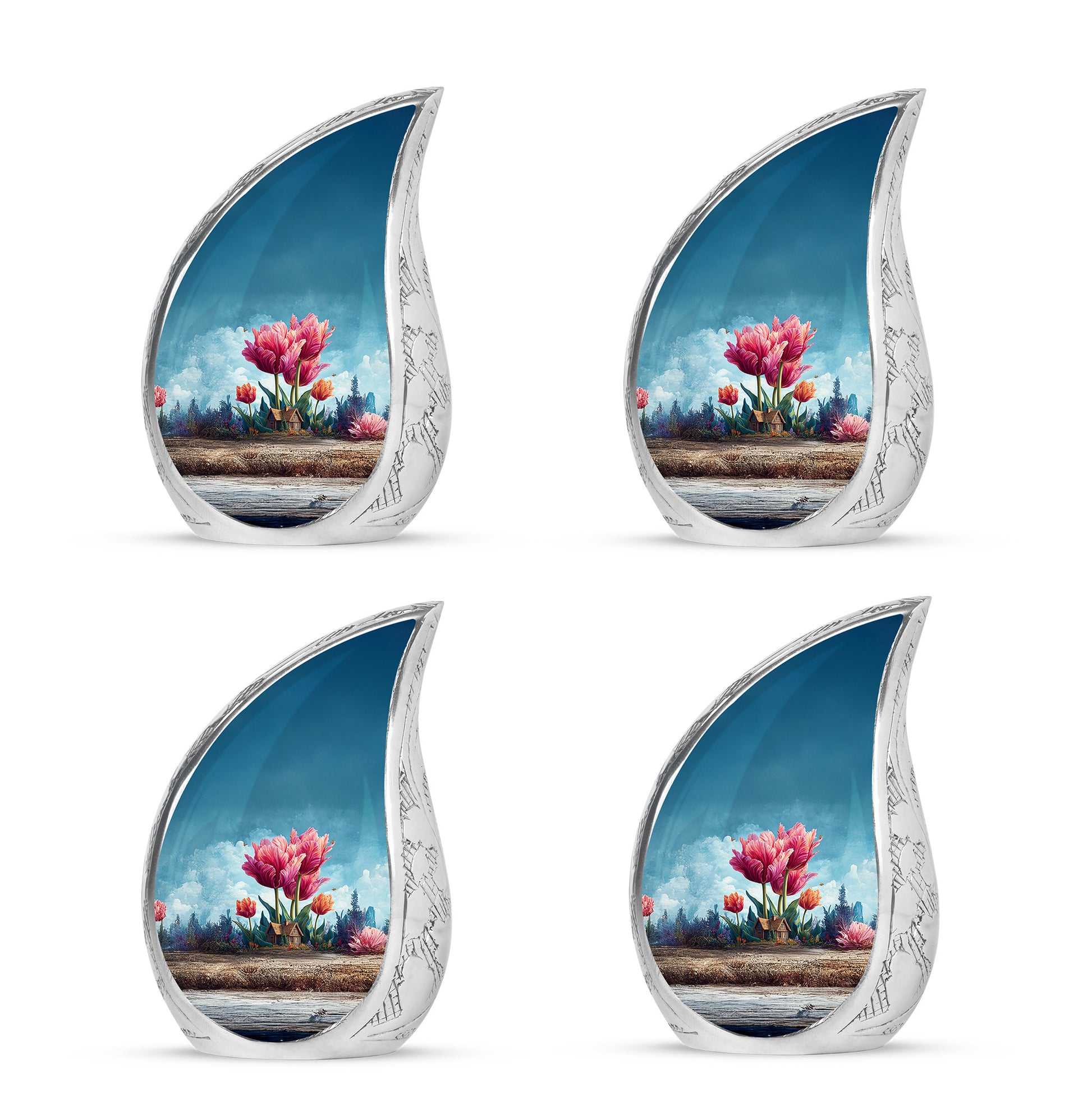 Serene Blue Garden Tulip Cremation Urn close-up of engraving and surface detail - smooth teardrop contour featuring garden tulip art - 10 inch aluminum urn for cremated remains