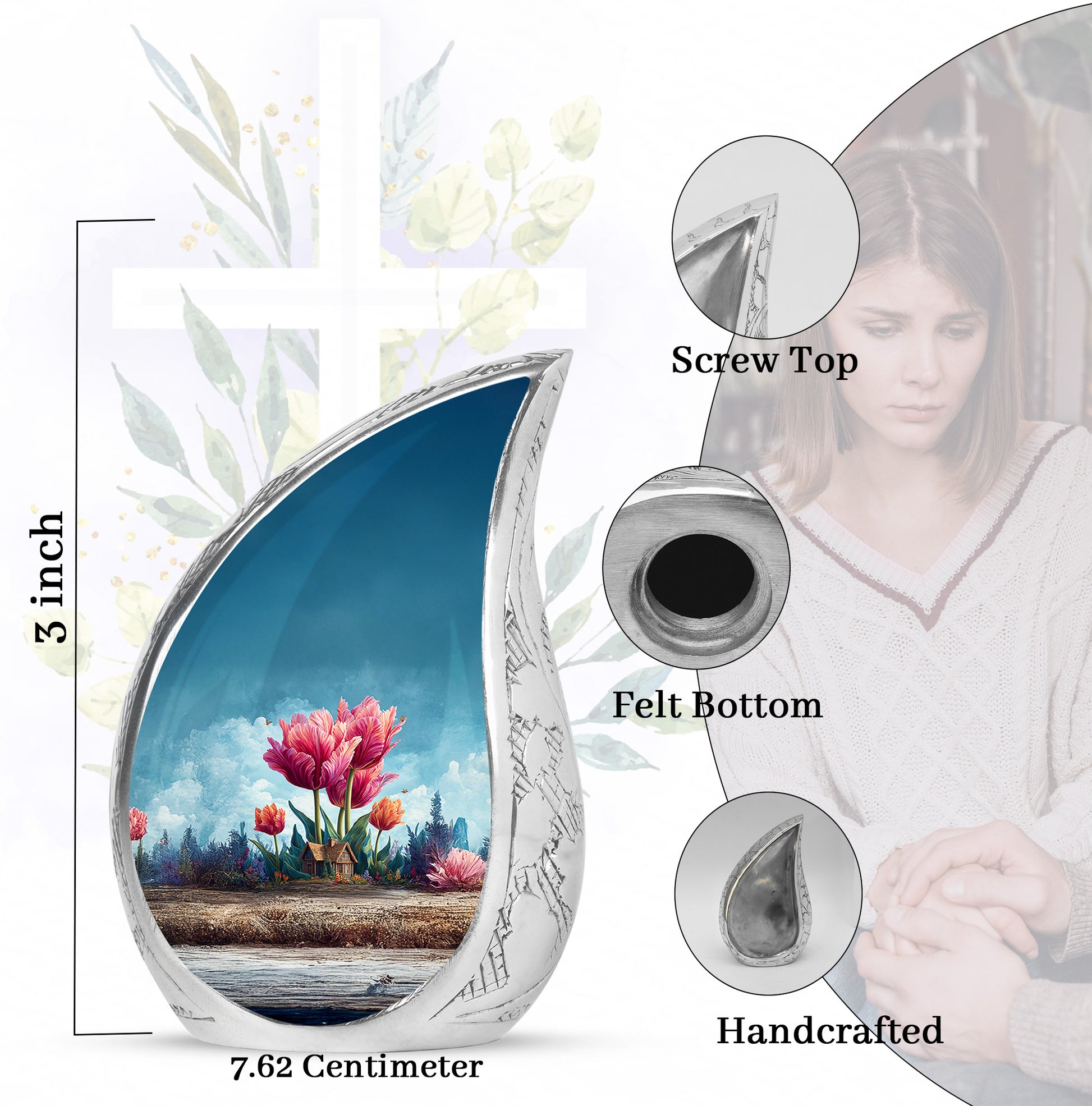 Azure Garden Tulip Cremation Urn angled view of lid and engraved motif - rounded teardrop garden tulip design with delicate detail - mini keepsake memorial for portion of cremation ashes
