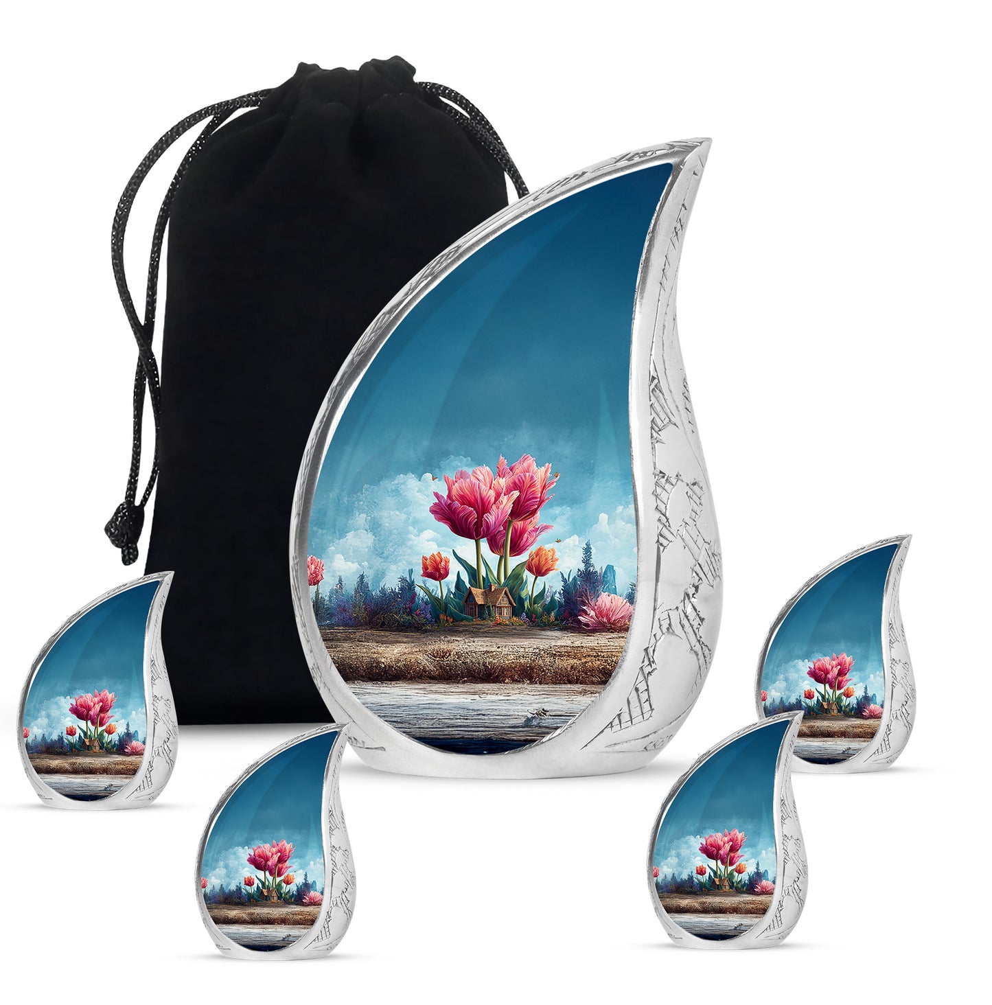 Dusty Blue Garden Tulip Cremation Urn side profile showing urn shape - flowing teardrop garden tulip silhouette on curved aluminum - memorial set with one large and four small urns