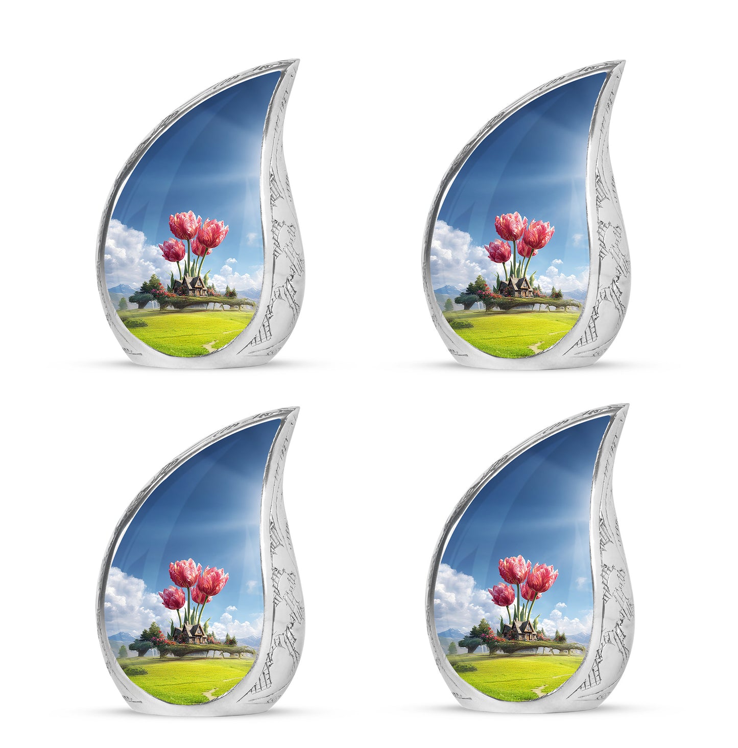 Powder Blue Garden Tulip Cremation Urn close-up of engraving and surface detail - flowing teardrop garden tulip silhouette on curved aluminum - 10 inch aluminum urn for cremated remains