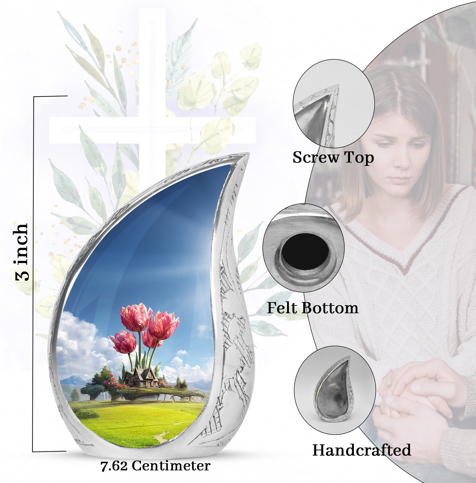 Serene Blue Garden Tulip Cremation Urn angled view of lid and engraved motif - graceful tear-shaped urn with garden tulip motif - mini keepsake memorial for portion of cremation ashes
