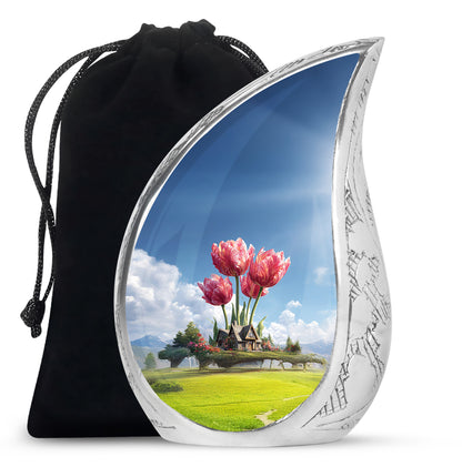 Pastel Blue Garden Tulip Cremation Urn front view showing detailed design - flowing teardrop garden tulip silhouette on curved aluminum - full-size 10 inch 200 cubic inch adult cremation urn