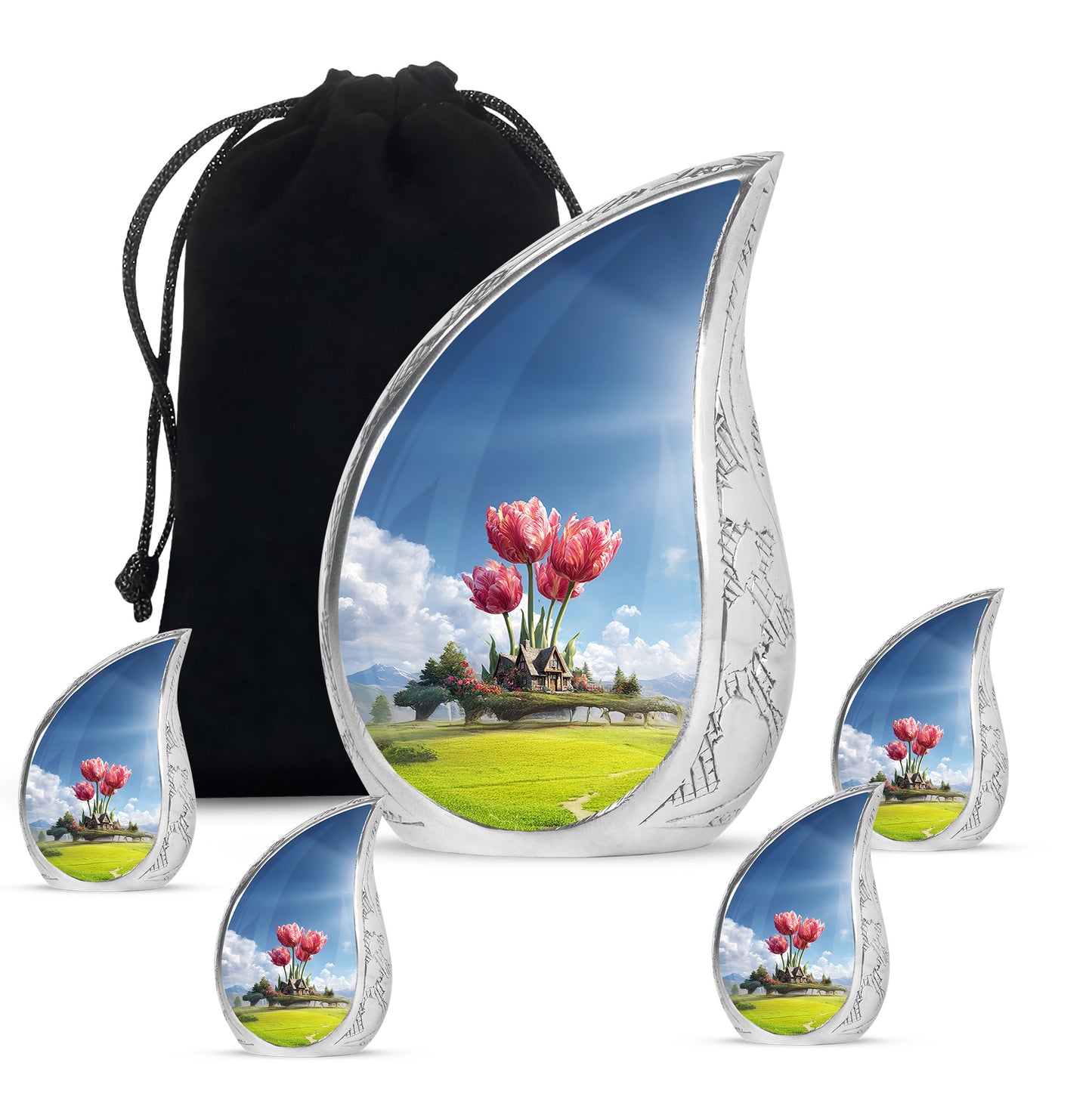 Sky Blue Garden Tulip Cremation Urn side profile showing urn shape - rounded teardrop garden tulip design with delicate detail - memorial set with one large and four small urns