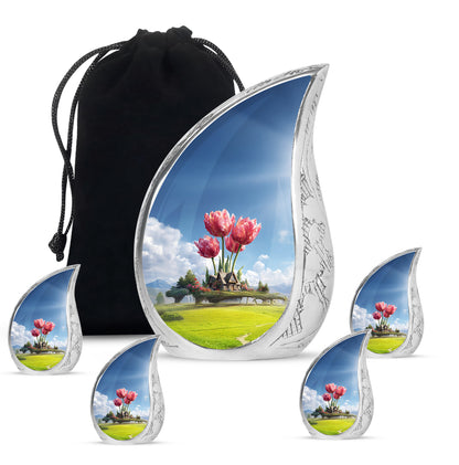 Sky Blue Garden Tulip Cremation Urn side profile showing urn shape - rounded teardrop garden tulip design with delicate detail - memorial set with one large and four small urns