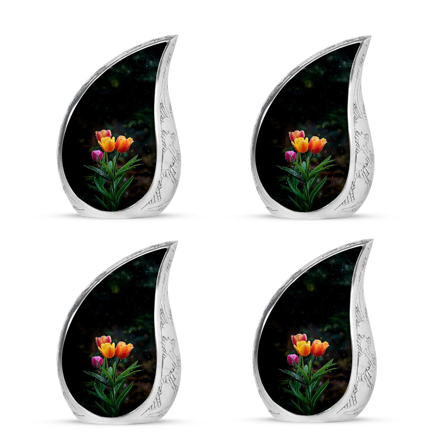 Glossy Black Garden Tulip Cremation Urn close-up of engraving and surface detail - rounded teardrop garden tulip design with delicate detail - 10 inch aluminum urn for cremated remains
