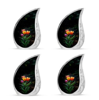 Glossy Black Garden Tulip Cremation Urn close-up of engraving and surface detail - rounded teardrop garden tulip design with delicate detail - 10 inch aluminum urn for cremated remains