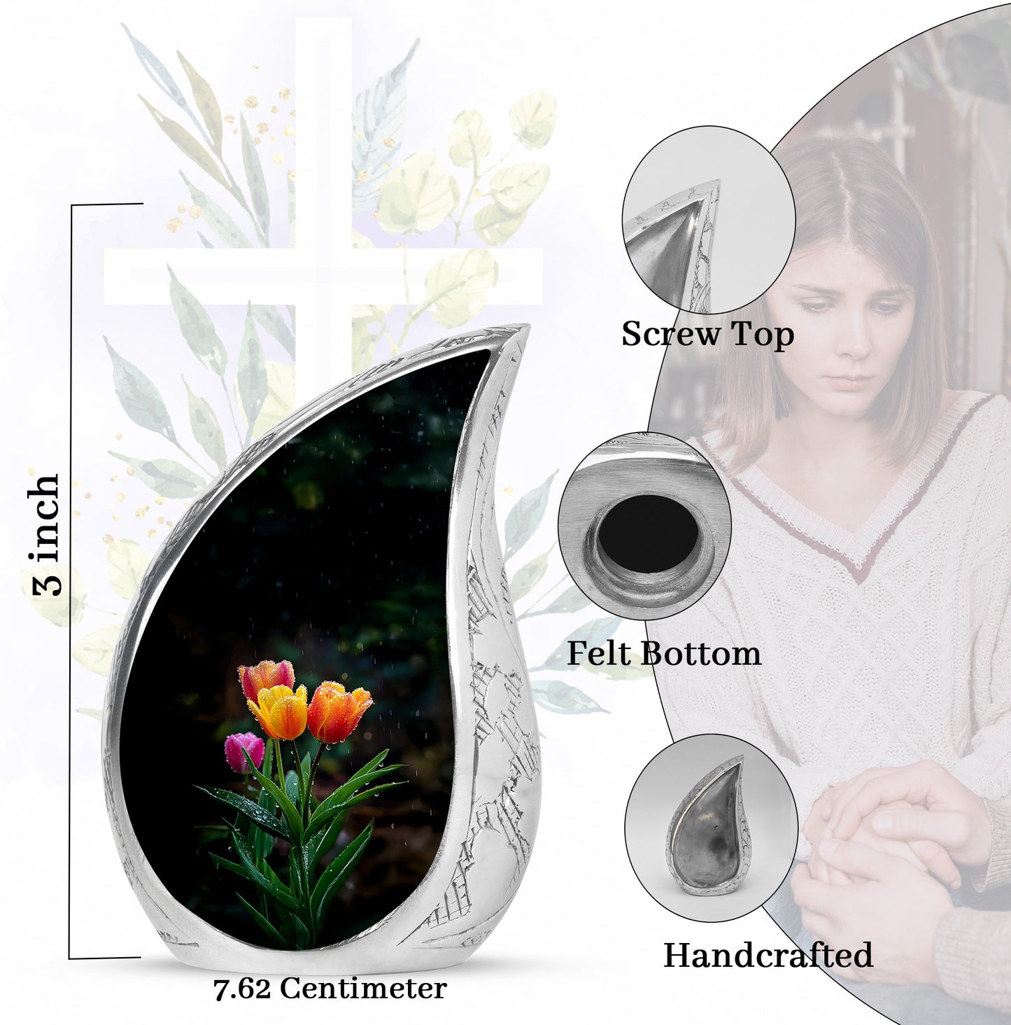 Charcoal Black Garden Tulip Cremation Urn angled view of lid and engraved motif - smooth teardrop contour featuring garden tulip art - mini keepsake memorial for portion of cremation ashes