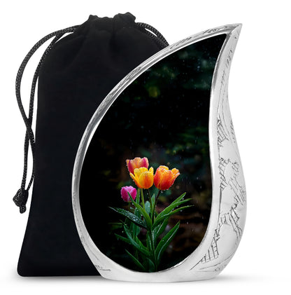 Midnight Black Garden Tulip Cremation Urn front view showing detailed design - smooth teardrop contour featuring garden tulip art - full-size 10 inch 200 cubic inch adult cremation urn