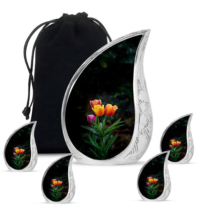 Onyx Black Garden Tulip Cremation Urn side profile showing urn shape - smooth teardrop contour featuring garden tulip art - memorial set with one large and four small urns