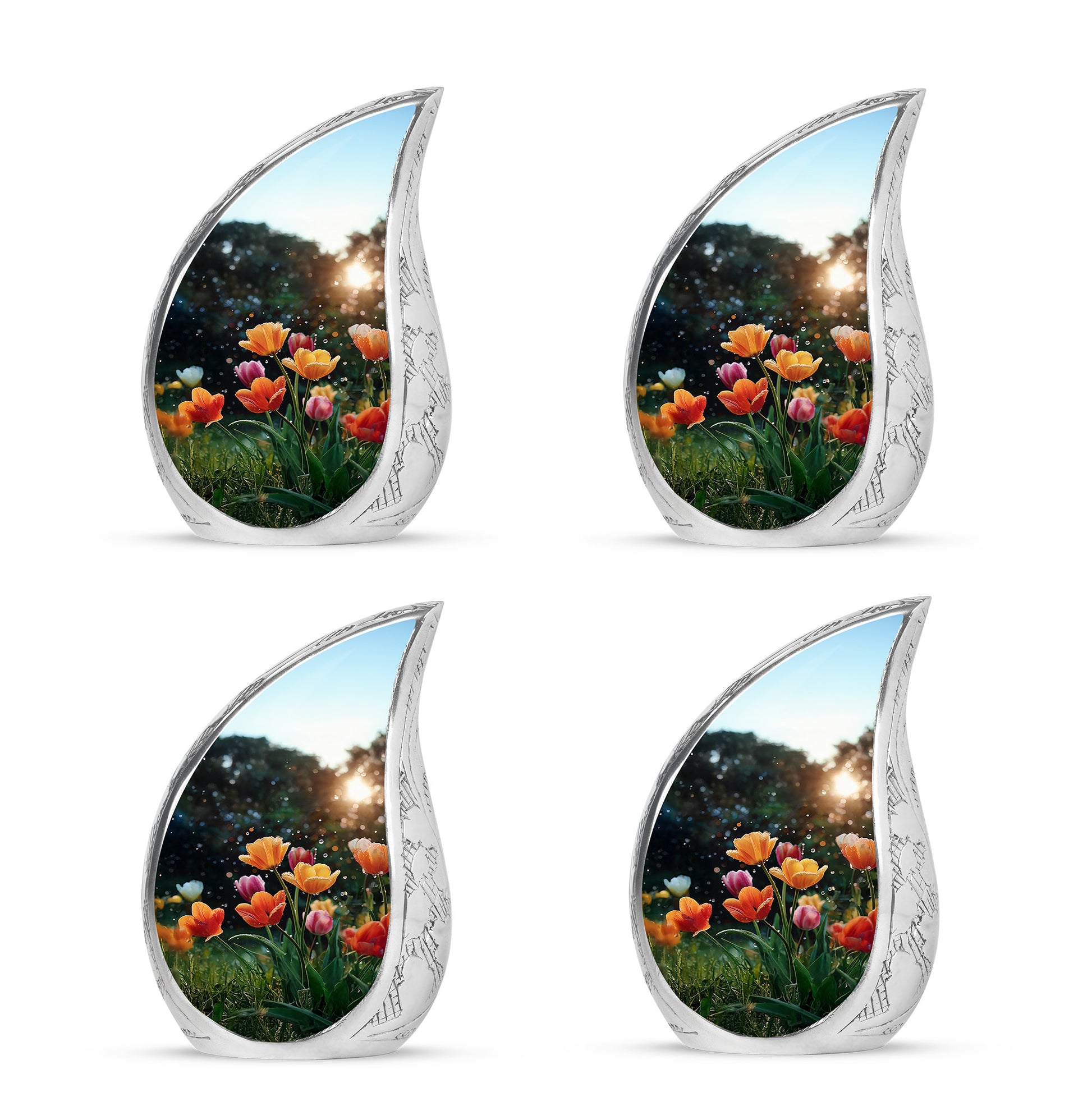 Glossy Black Garden Tulip Cremation Urn close-up of engraving and surface detail - flowing teardrop garden tulip silhouette on curved aluminum - 10 inch aluminum urn for cremated remains