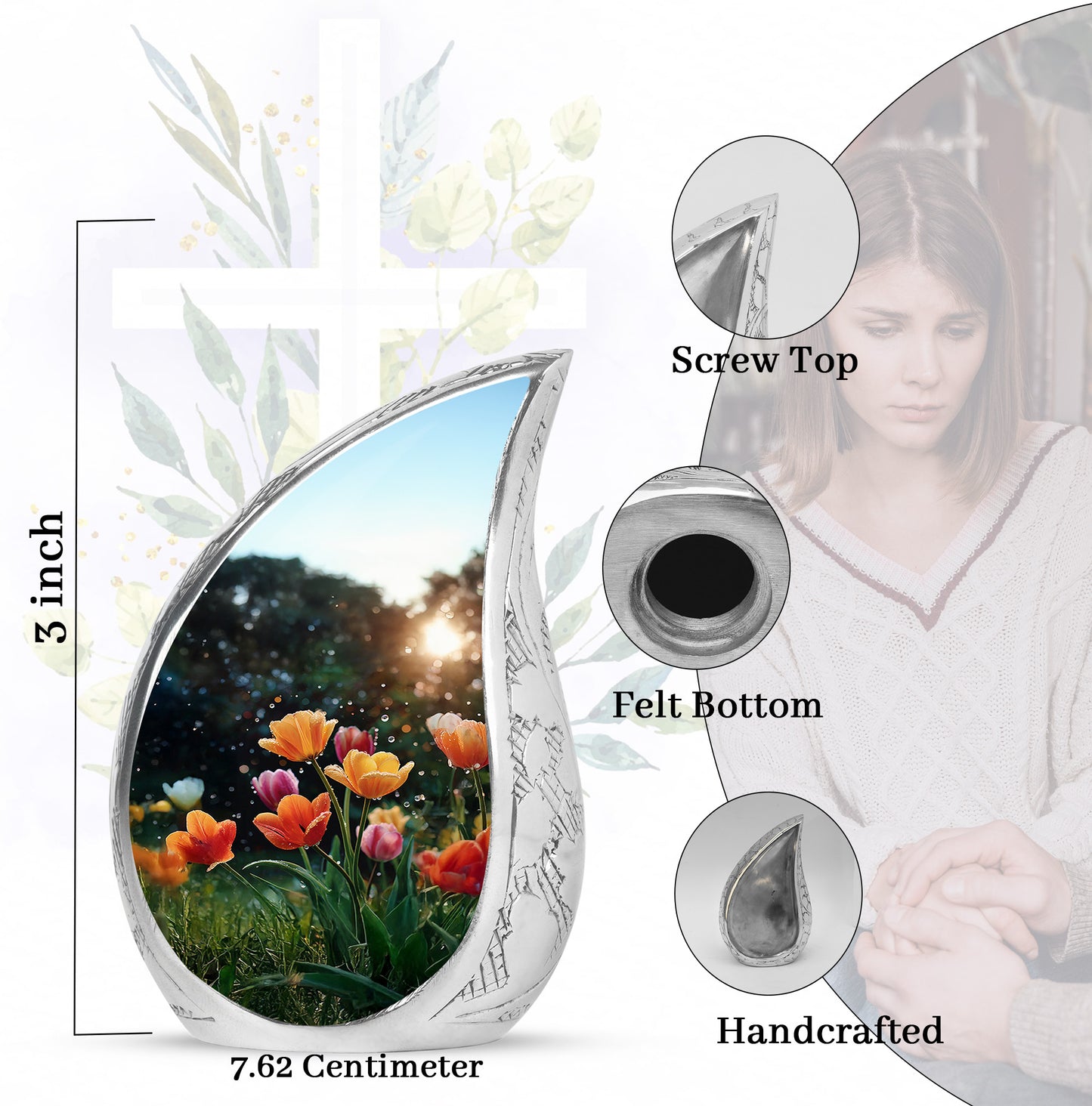 Obsidian Black Garden Tulip Cremation Urn angled view of lid and engraved motif - smooth teardrop contour featuring garden tulip art - mini keepsake memorial for portion of cremation ashes