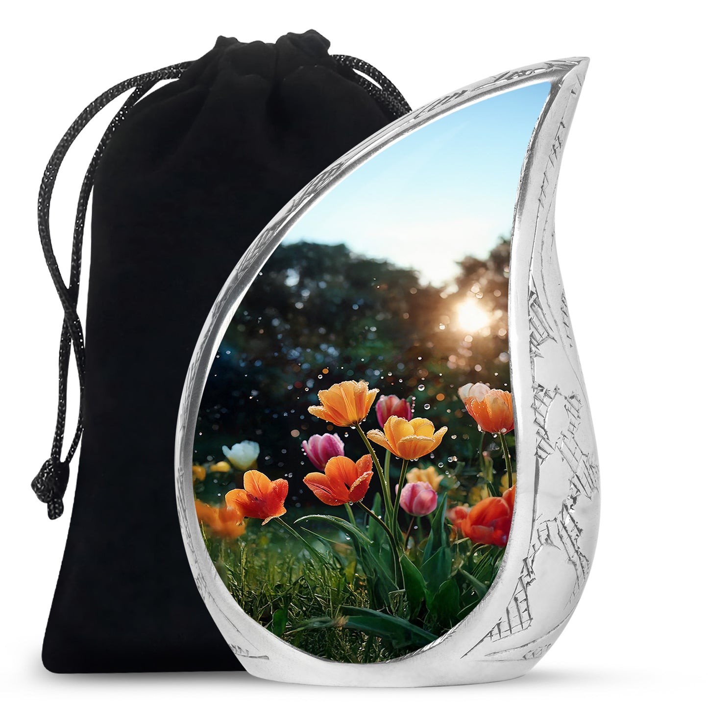Dark Black Garden Tulip Cremation Urn front view showing detailed design - smooth teardrop contour featuring garden tulip art - full-size 10 inch 200 cubic inch adult cremation urn