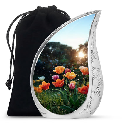 Dark Black Garden Tulip Cremation Urn front view showing detailed design - smooth teardrop contour featuring garden tulip art - full-size 10 inch 200 cubic inch adult cremation urn