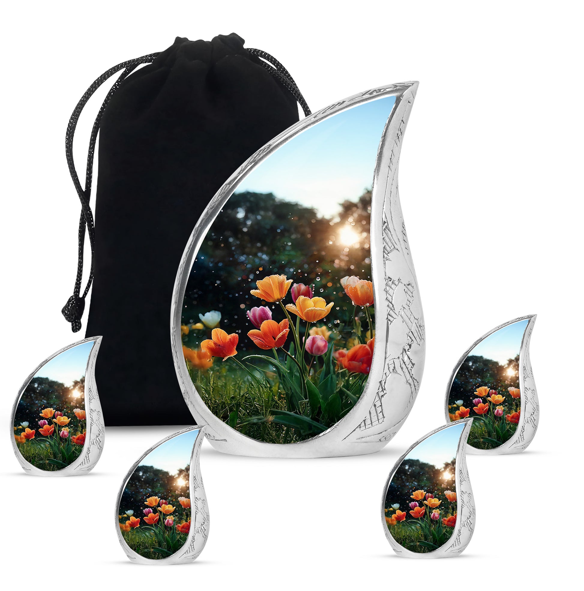 Onyx Black Garden Tulip Cremation Urn side profile showing urn shape - graceful tear-shaped urn with garden tulip motif - memorial set with one large and four small urns