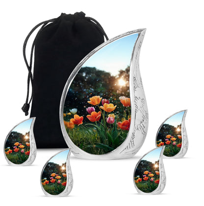 Onyx Black Garden Tulip Cremation Urn side profile showing urn shape - graceful tear-shaped urn with garden tulip motif - memorial set with one large and four small urns