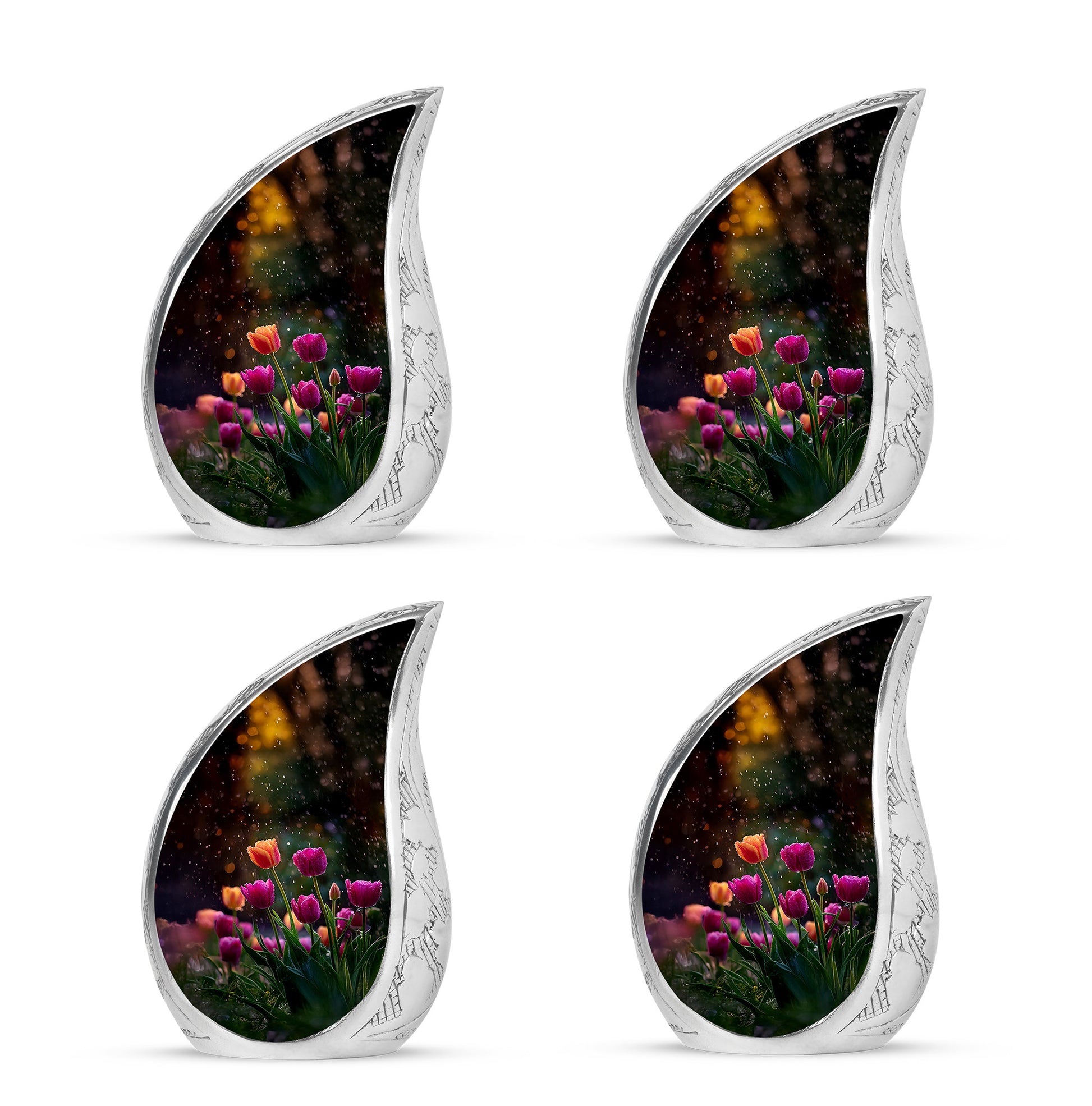 Onyx Black Garden Tulip Cremation Urn close-up of engraving and surface detail - graceful tear-shaped urn with garden tulip motif - 10 inch aluminum urn for cremated remains