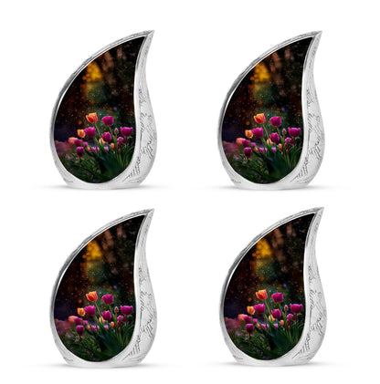 Onyx Black Garden Tulip Cremation Urn close-up of engraving and surface detail - graceful tear-shaped urn with garden tulip motif - 10 inch aluminum urn for cremated remains