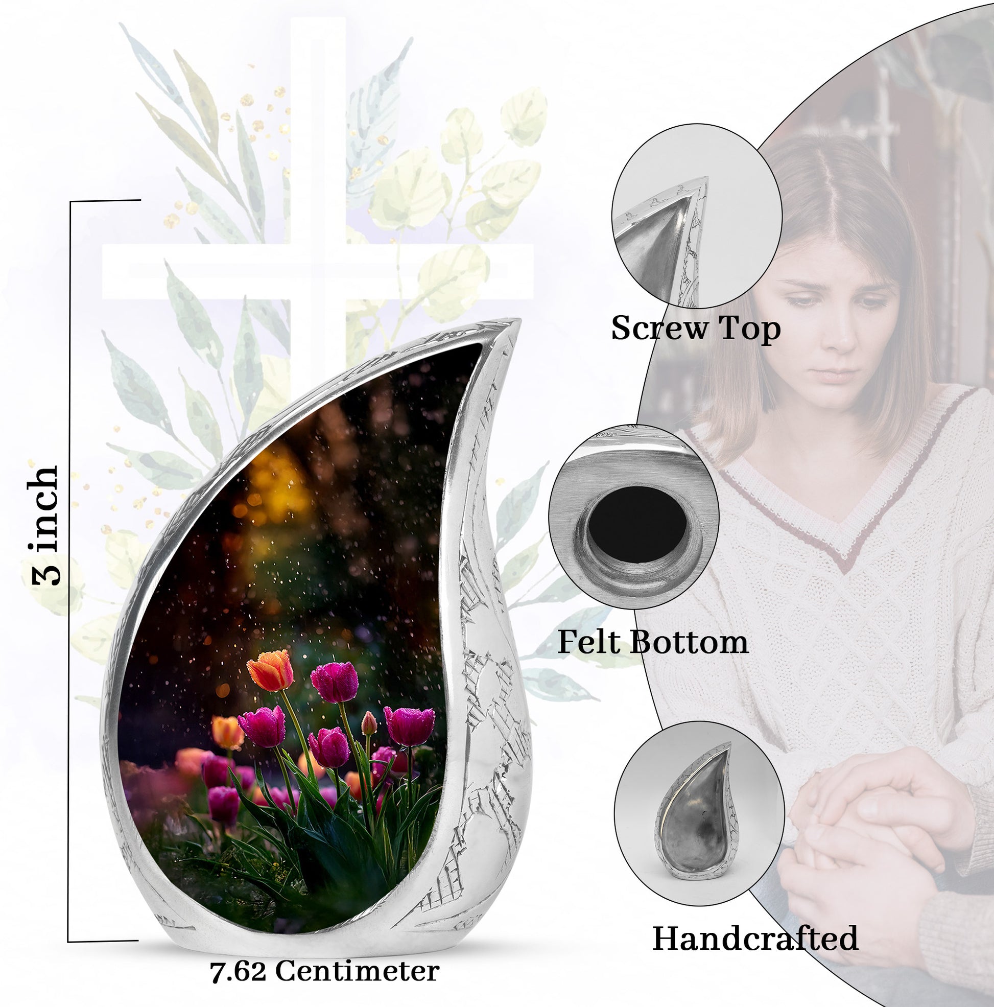 Glossy Black Garden Tulip Cremation Urn angled view of lid and engraved motif - flowing teardrop garden tulip silhouette on curved aluminum - mini keepsake memorial for portion of cremation ashes