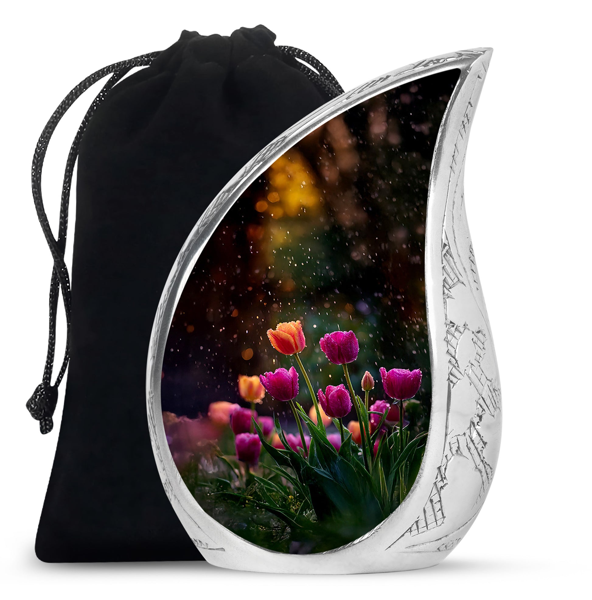 Charcoal Black Garden Tulip Cremation Urn front view showing detailed design - smooth teardrop contour featuring garden tulip art - full-size 10 inch 200 cubic inch adult cremation urn