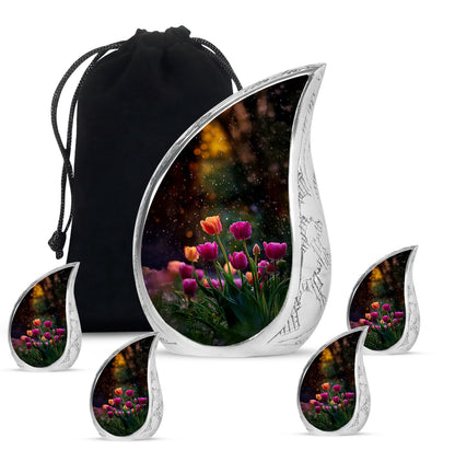 Onyx Black Garden Tulip Cremation Urn side profile showing urn shape - graceful tear-shaped urn with garden tulip motif - memorial set with one large and four small urns