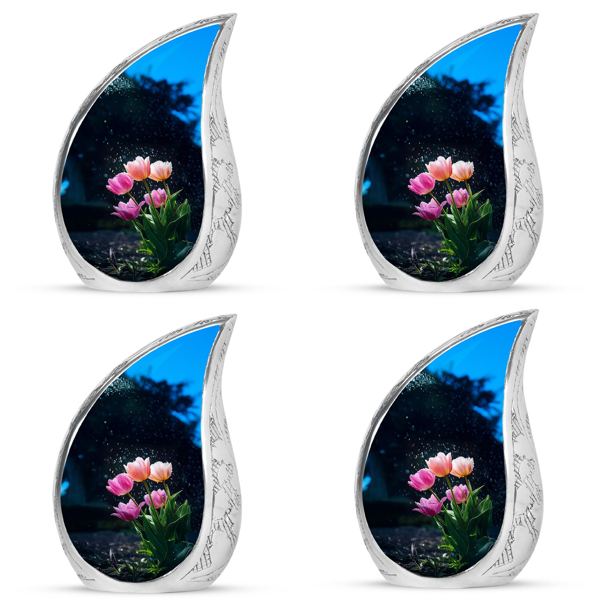 Cobalt Blue Garden Tulip Cremation Urn close-up of engraving and surface detail - smooth teardrop contour featuring garden tulip art - 10 inch aluminum urn for cremated remains