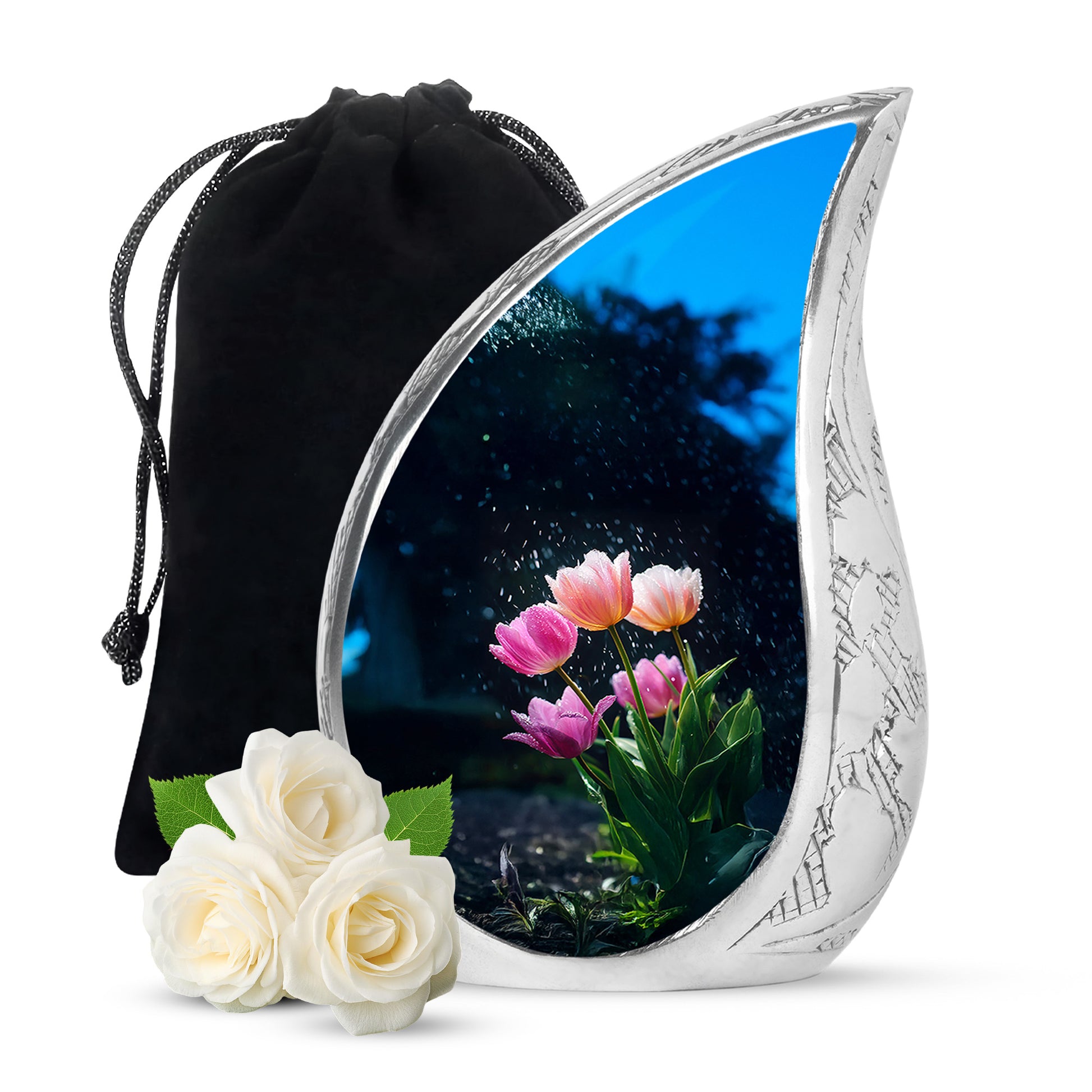 Soft Blue Garden Tulip Cremation Urn front view showing detailed design - smooth teardrop contour featuring garden tulip art - full-size 10 inch 200 cubic inch adult cremation urn