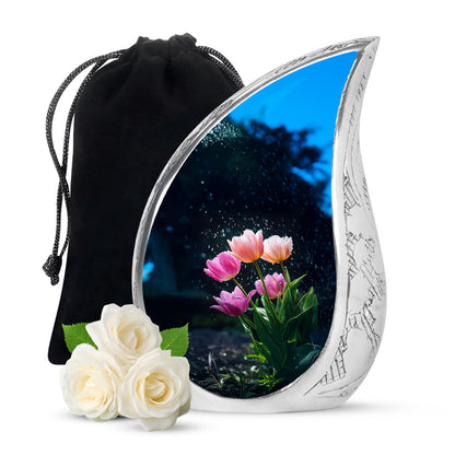 Soft Blue Garden Tulip Cremation Urn front view showing detailed design - smooth teardrop contour featuring garden tulip art - full-size 10 inch 200 cubic inch adult cremation urn