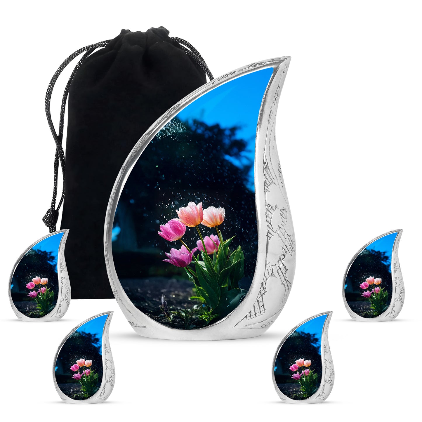 Cobalt Blue Garden Tulip Cremation Urn side profile showing urn shape - smooth teardrop contour featuring garden tulip art - memorial set with one large and four small urns