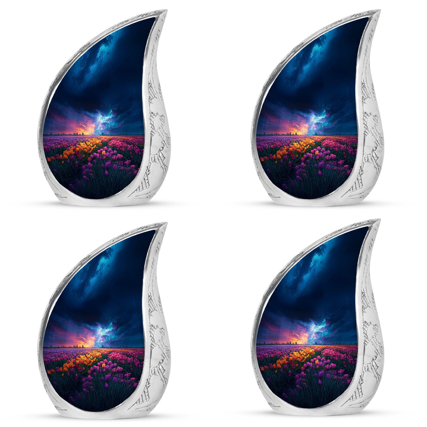 Icy Blue Garden Tulip Cremation Urn close-up of engraving and surface detail - rounded teardrop garden tulip design with delicate detail - 10 inch aluminum urn for cremated remains