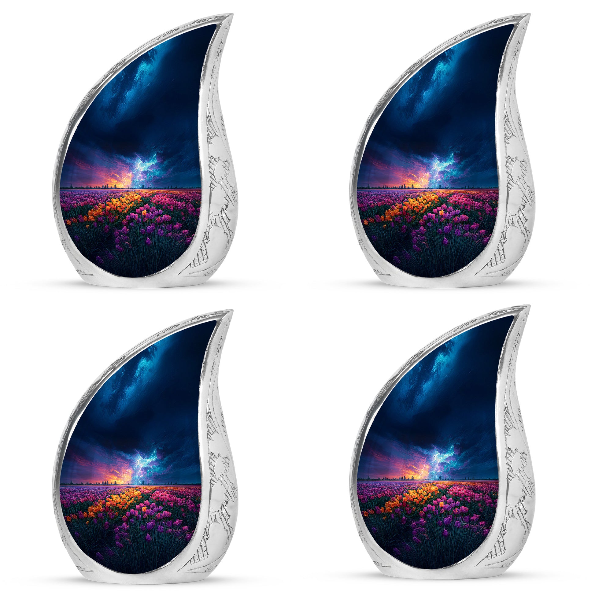Icy Blue Garden Tulip Cremation Urn close-up of engraving and surface detail - rounded teardrop garden tulip design with delicate detail - 10 inch aluminum urn for cremated remains