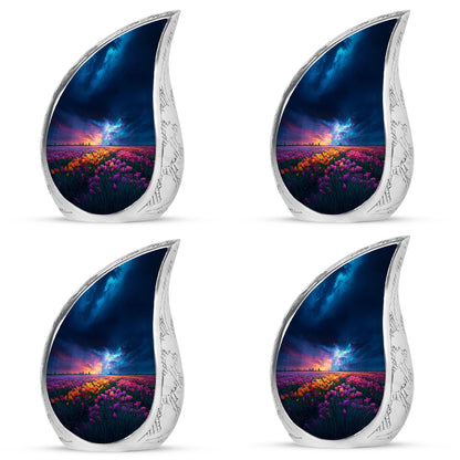 Icy Blue Garden Tulip Cremation Urn close-up of engraving and surface detail - rounded teardrop garden tulip design with delicate detail - 10 inch aluminum urn for cremated remains