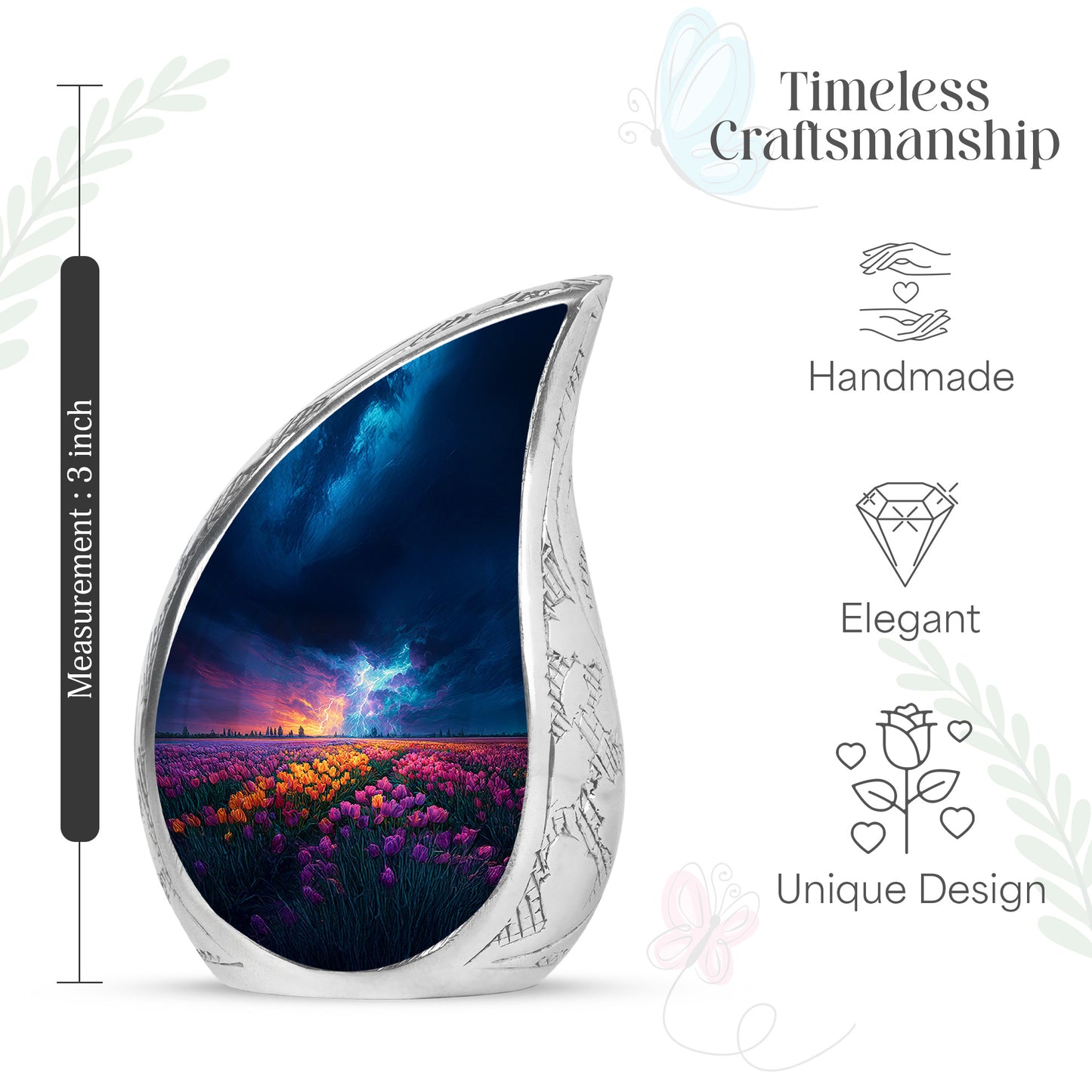 Misty Blue Garden Tulip Cremation Urn angled view of lid and engraved motif - flowing teardrop garden tulip silhouette on curved aluminum - mini keepsake memorial for portion of cremation ashes