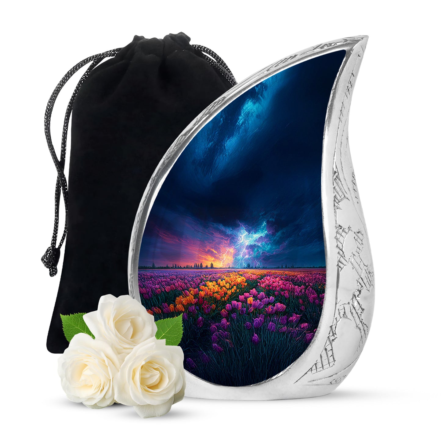 Indigo Garden Tulip Cremation Urn front view showing detailed design - rounded teardrop garden tulip design with delicate detail - full-size 10 inch 200 cubic inch adult cremation urn