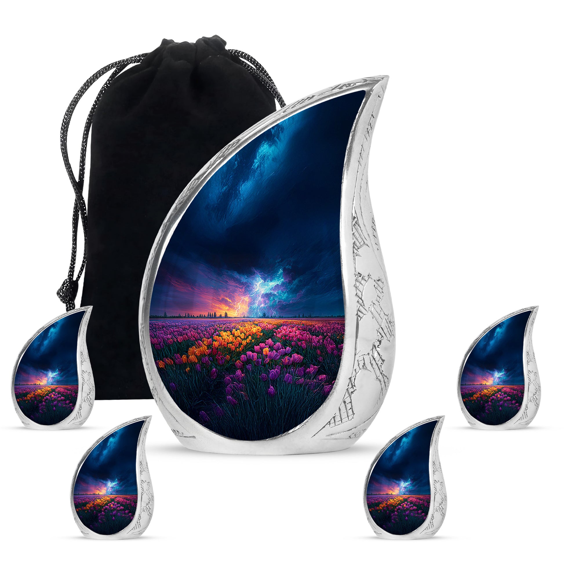 Dusty Blue Garden Tulip Cremation Urn side profile showing urn shape - rounded teardrop garden tulip design with delicate detail - memorial set with one large and four small urns